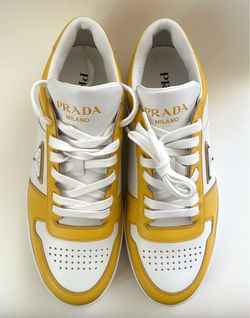 PRADA Men’s Downtown leather sneakers White/Mustard Yellow Size US 9.5 $350