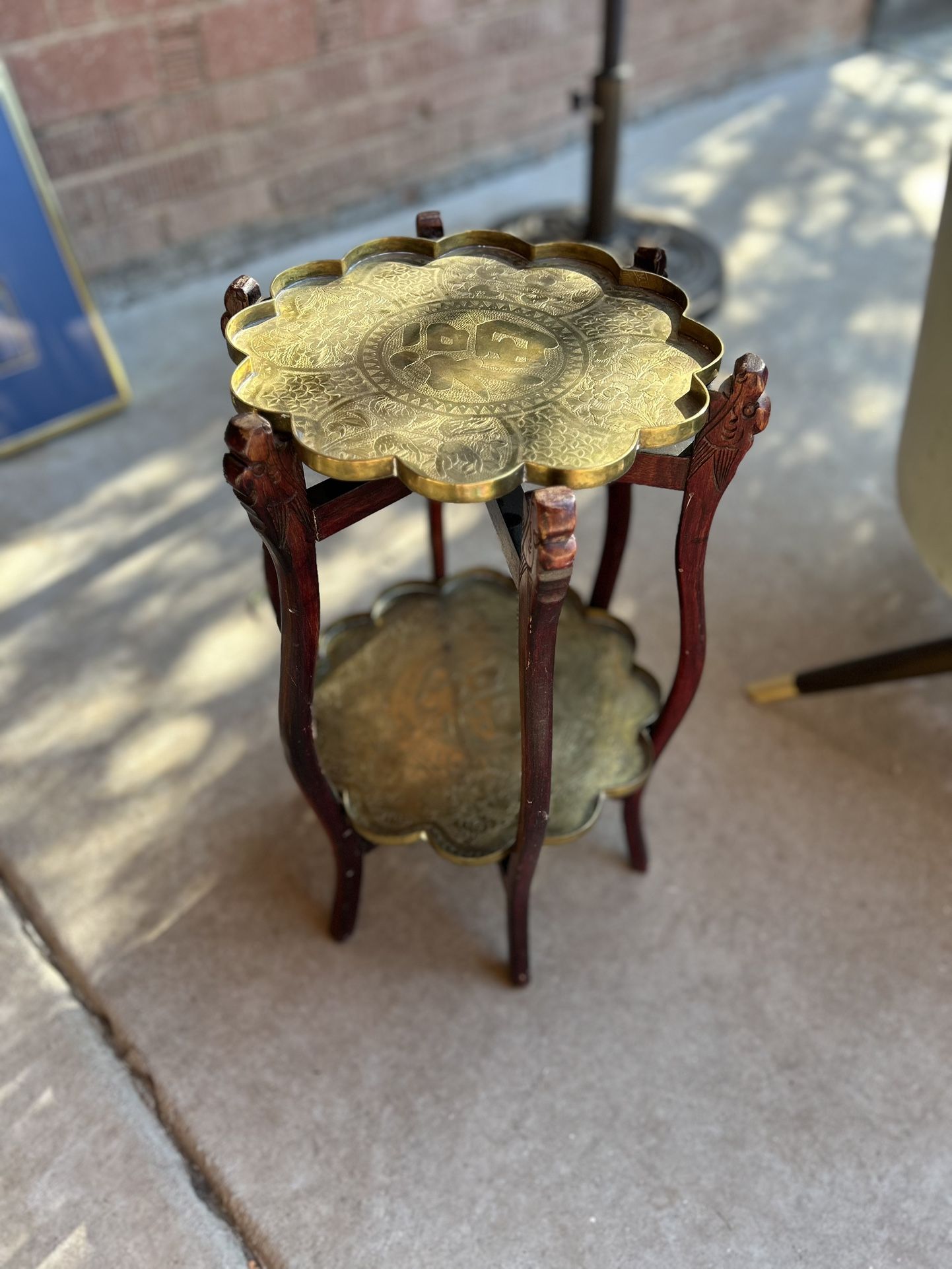 Vintage Asian Brass Wood Side Table 