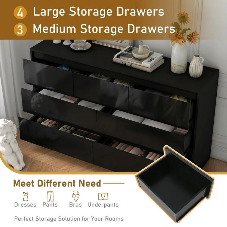 ChVans 7 Drawer Dresser for Bedroom, 55 Modern High Gloss Black Dresser with Wood Chest of Drawer Handle Free, Long Dresser for Kids Bedroom, Living - www.ice4pros.com.br ChVans 7 Drawer Dresser for Bedroom, 55 Modern High Gloss Black Dresser with Wood Chest of Drawer Handle Free, Long Dresser for Kids Bedroom, Living - www.ice4pros.com.br