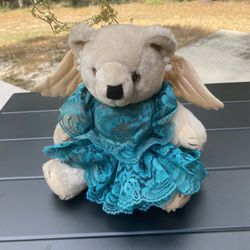 Angle bear with teal dress stuffed animal plush lace