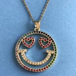  Smile/Happy Face Necklace with Multicolor & Sparkling Crystals On 16” Chain-Gold Plate *Ship Nationwide Or Pickup Boca Raton