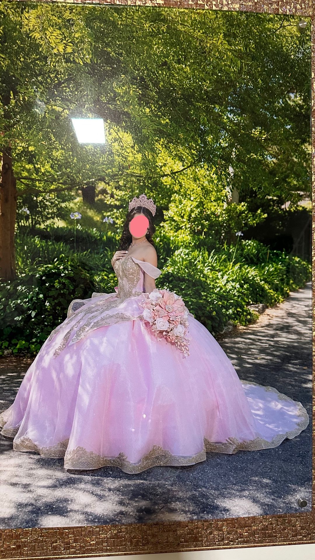Elegant Pink Quinceañera Ball Gown with Gold Accents, Sparkling Crown & Bow