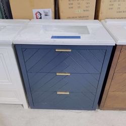 Brand New Bathroom Vanity “30” in Navy Blue with 3 modern drawers and Vanity Top in White $489 
