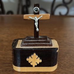 vintage small handmade wood crucifix box with holy sand from JERUSALEM Catholic