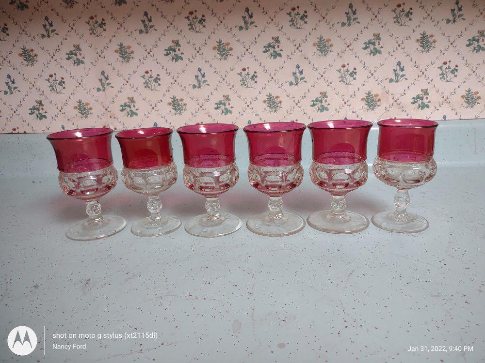 Vintage Kings Crown Thumbprint Stemmed Glassware Ruby Set Of 6