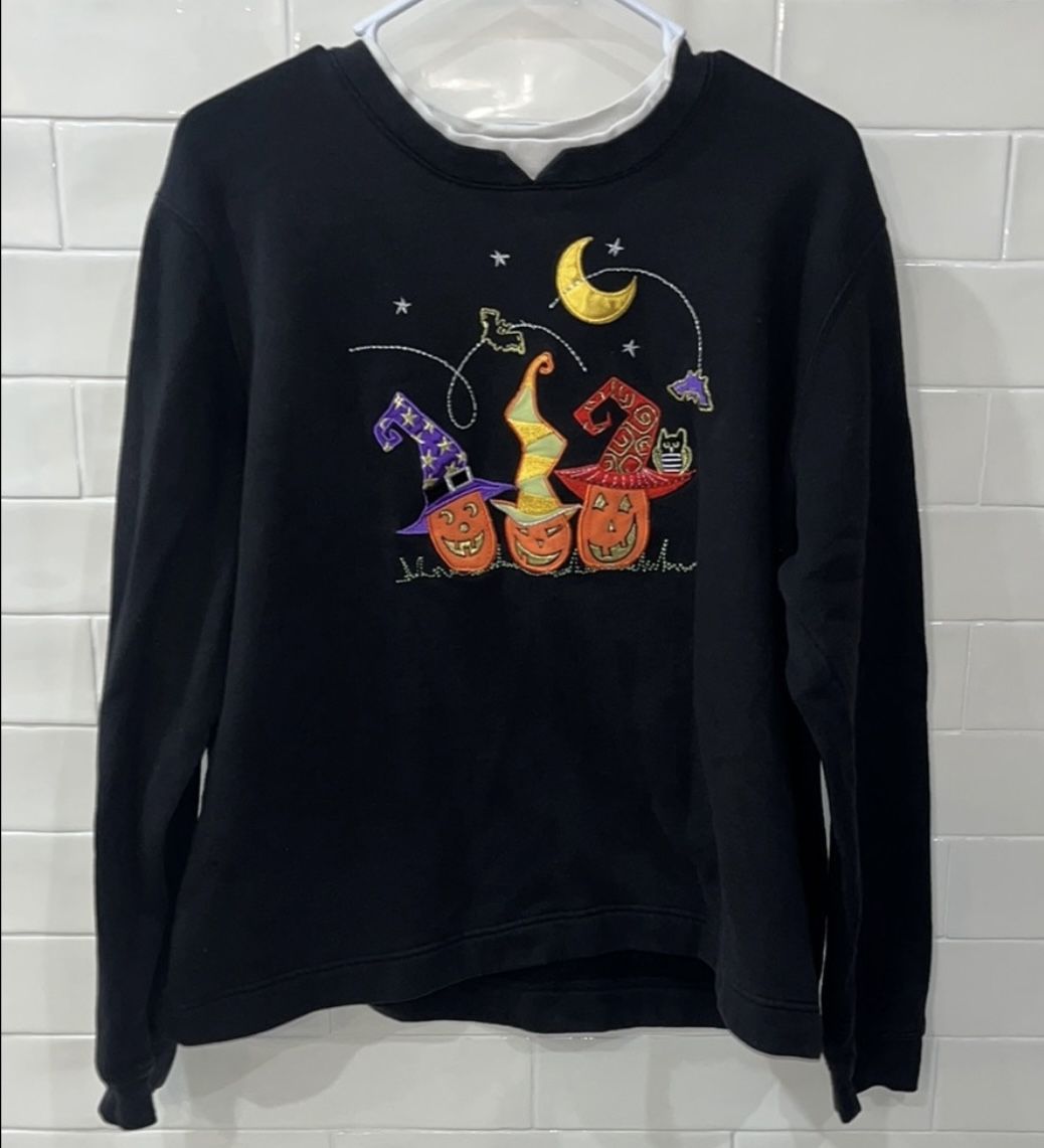 Retro Halloween Sweatshirt Embroidered Sz XL White Stag 3 JOl Bats