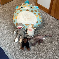 Stuffies: Squishmallow, Sock Monkey, Congo Gorilla TY Beanie Baby, Stinger Lobster TY Beanie Baby 