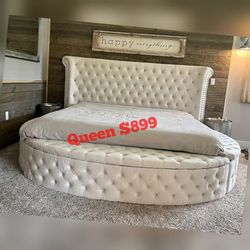 Cream velvet storage space circle Queen platfor bed frame
