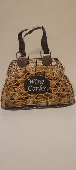 Collectable Metal & Straw Cork Basket/ Purse With Corks- W/Metal Handles
