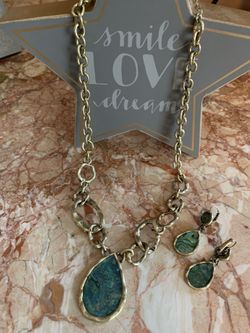 Brass Tone Brutalist Pendant Necklace & Pierced Earrings Set