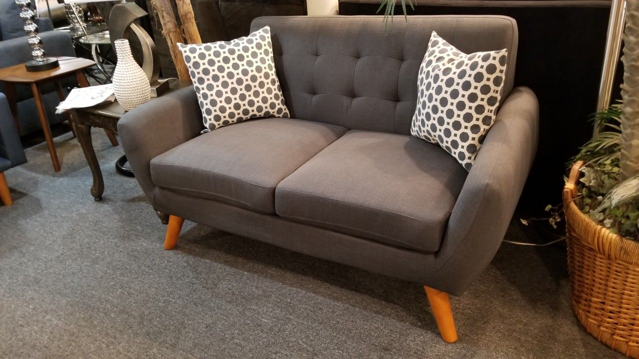 Brand New 60" Charcoal Linen Midcentury Modern Loveseat