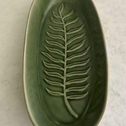 Elongated 14.5” Green Serving Dish with Leaf Pattern