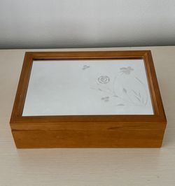 Vintage Wood Jewelry Box with Etched Mirror Top