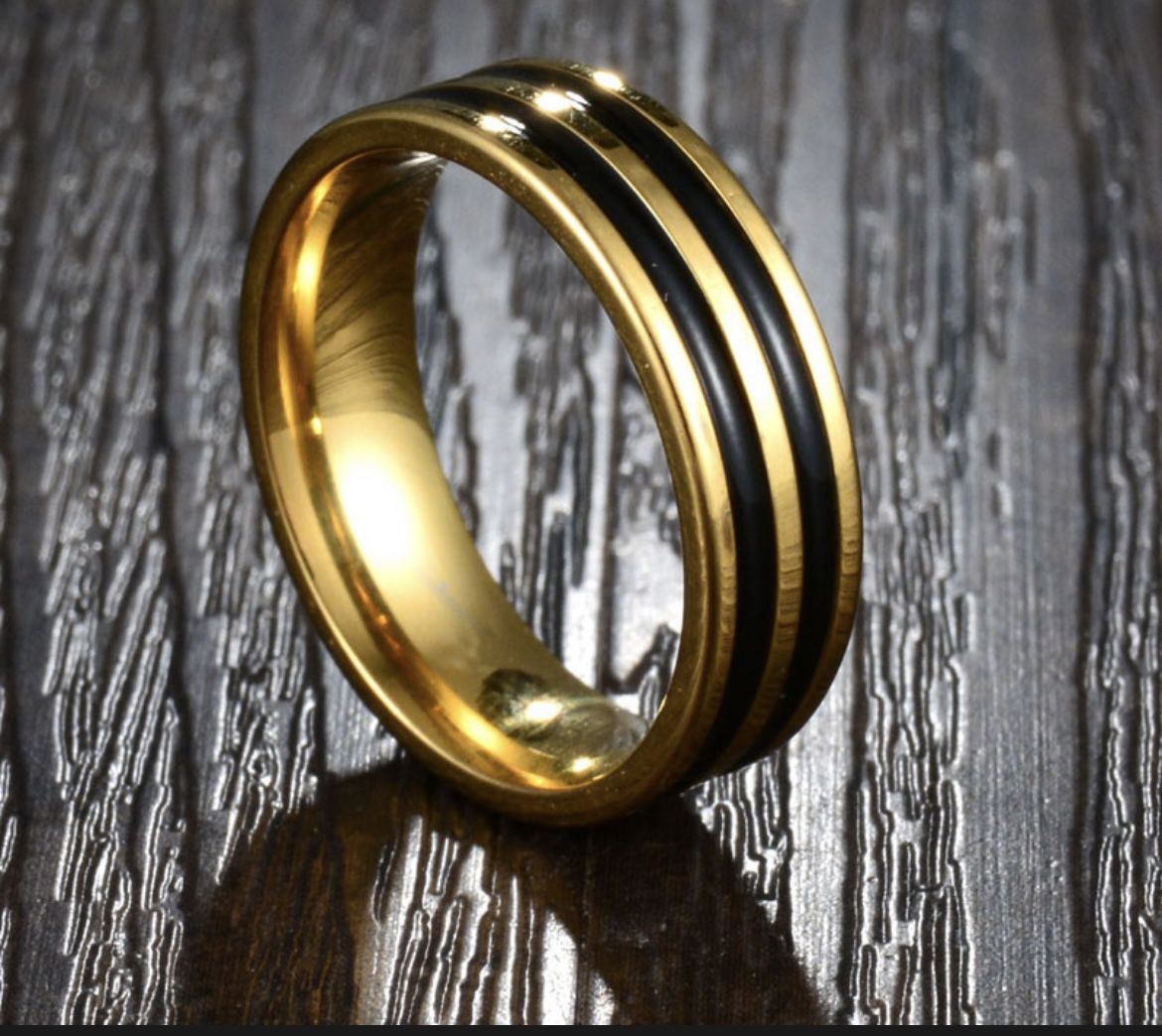  Stainless steel Two Black Line Gold Ring