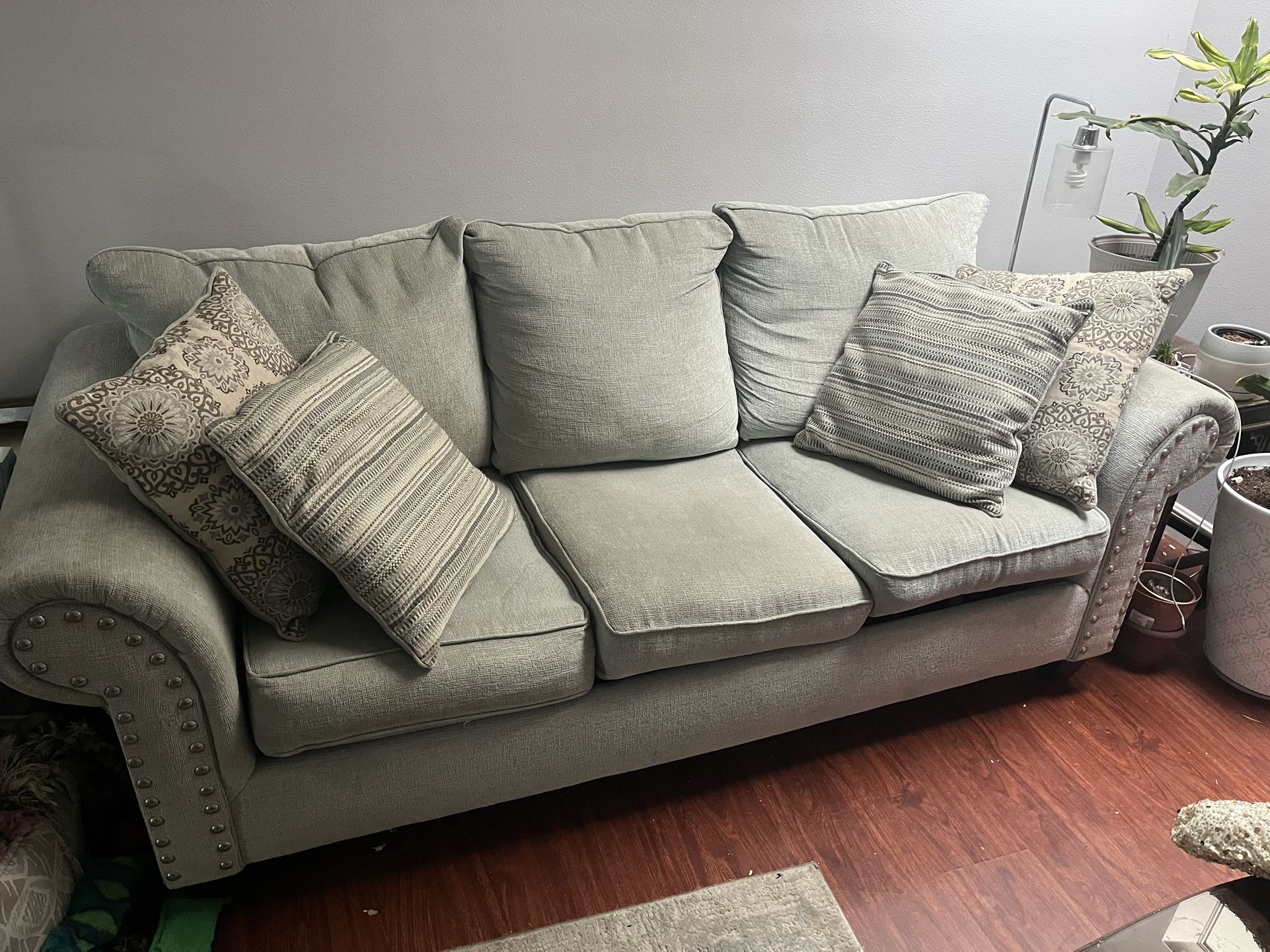 Light Teal Nailhead Trim 86” Sleeper Sofa And Armchair With Storage Ottoman