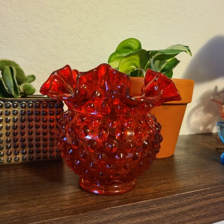 Vintage Fenton Hobnail Rose Bowl Amberina Colonial Red