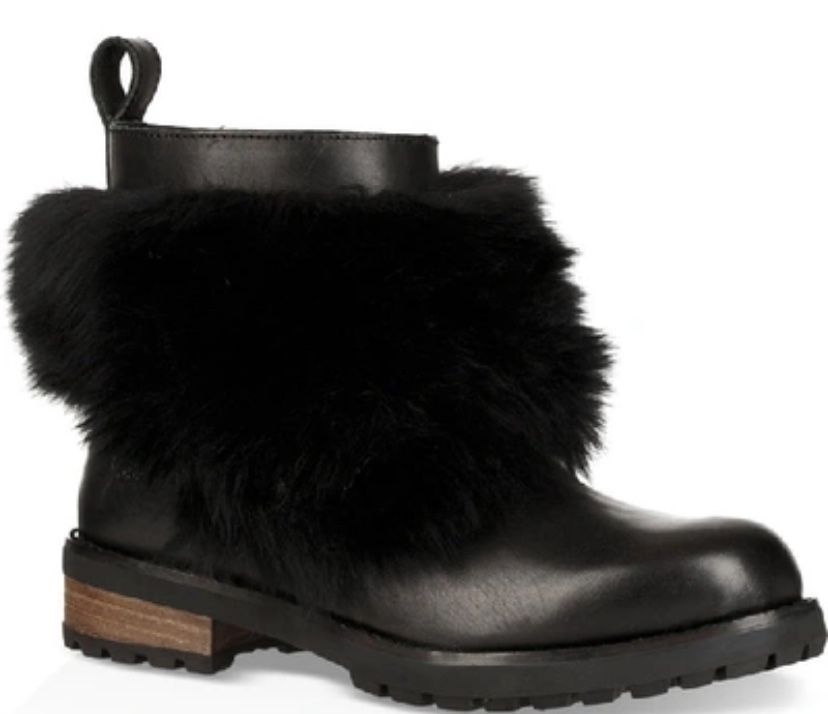 EUC [UGG] RARE Otelia Black Leather Round Toe Ankle Fur Booties Women’s Sz 6