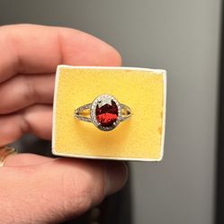 Stunning 🤩 !! Garnet + White Sapphire Ring Set In Solid 925 Sterling Silver !!