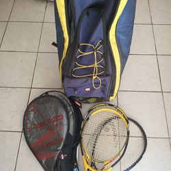 Tennis duffle bag backpack, a bit dusty from storage and various racquets that will need new grip tape. Comes with some tennis balls, some have cover