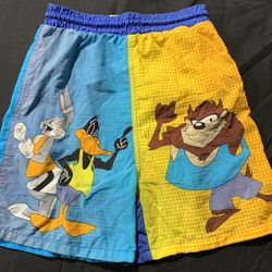 Vintage 1999 Looney Tunes boys size 8 swim trunks featuring Bugs Bunny, Daffy Duck, and the Tasmanian Devil in excellent gently used condition