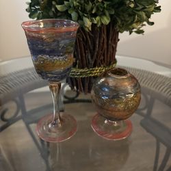  Art Glass Hand Made Textured Stemmed Liquor & Bud Vase Swirl Painted Thin Glass.
