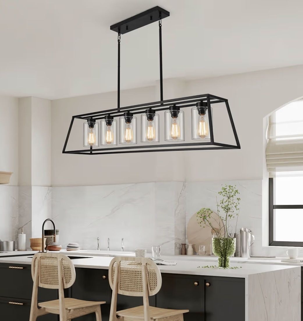 Dining Room/ Kitchen Black Farmhouse 6-Light Cylinder Clear Glass Rectangle Chandelier