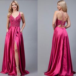 New With Tags Pink Satin & Sequin With Pockets Long Formal Dress & Prom Dress $175