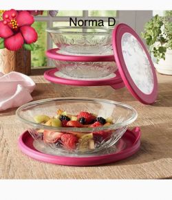 Set de 4 platos hondos con tapa roja nuevos en su caja 🌺 princess house 🌺🌺