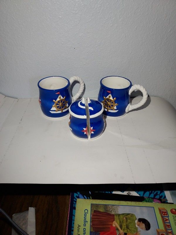 LEFTON Vintage Blue Nautical By The Sea Salt & Pepper Shakers 2 Coffee Mugs NEW