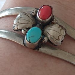 Vtg.Mexico Sterling Silver " Turquoise & Coral Unique Cuff Bracelet