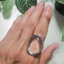 925 Sterling Silver Women's Large clear stone Cuff Ring Band Gift