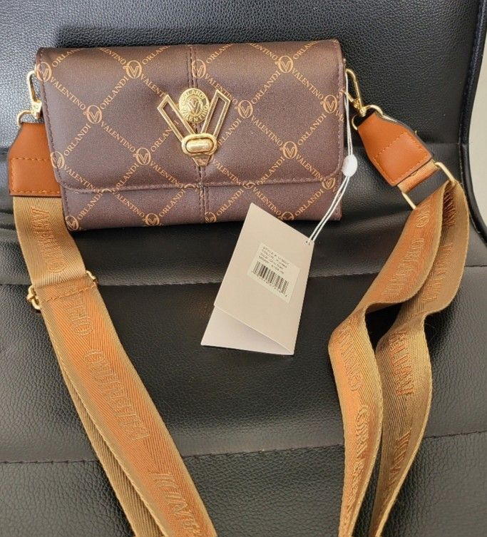 NEW Valentino ORLANDI Brown PATENT Leather Guitar Strap Crossbody & Gold Hardware