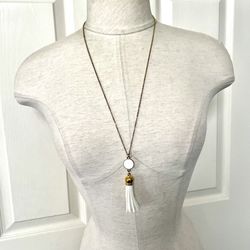 Long Gold Tone White Tassel Pendant Necklace 