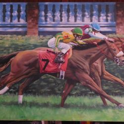 Stellar Unframed Colorful Horse Racing Painting On Stretched Canvas 36" X 24"