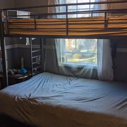 Metal Futon Over Twin Bunk Set With Book Shelf and Attached Table