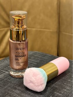 Liyalan Shimmer Body Oil Rose Gold 1.0 fl.oz Face Glow Highlighter Illuminator Long-Lasting Shine Glitter Liquid Tanning with Makeup Brush