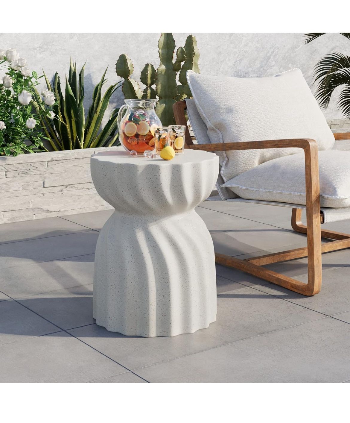Outdoor Side Table,Concrete Table,Patio End Accent Lightweight for Livingroom,Garden spotted white