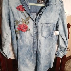 Women's New Thrill Denim Jacket Embroidery Rose Size Large 12