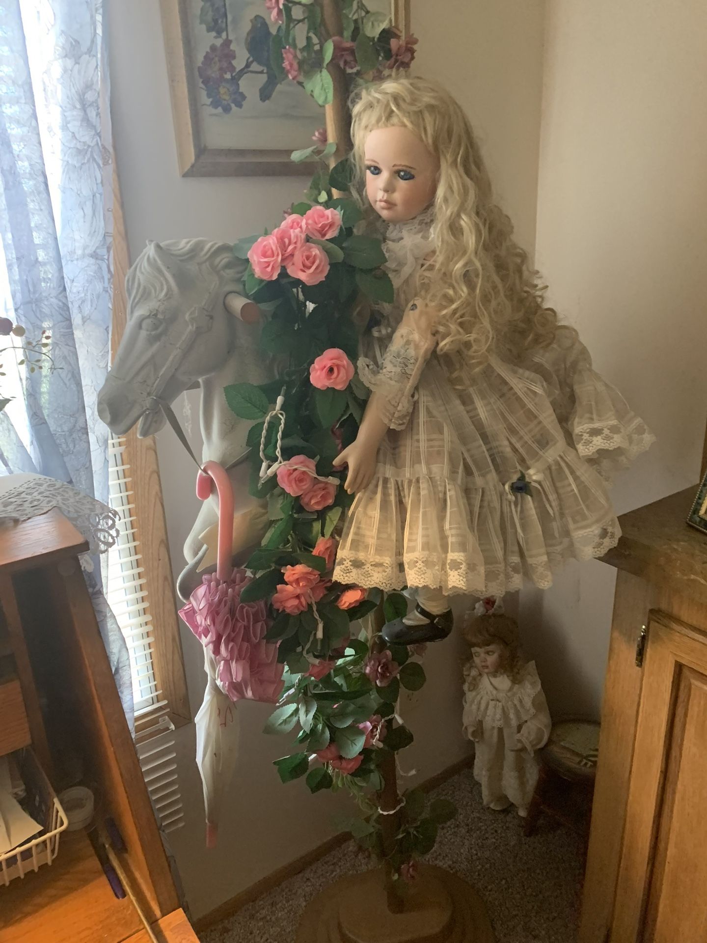 Vintage Carousel Horse with Custom Made Doll on Stand