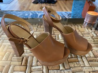 Michael Kors Sz 7.5 Brown Leather Ankle Strap Platform Wooden Heels
