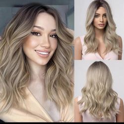 Human hair blend lace part lace front ombré blonde layered wave wig.