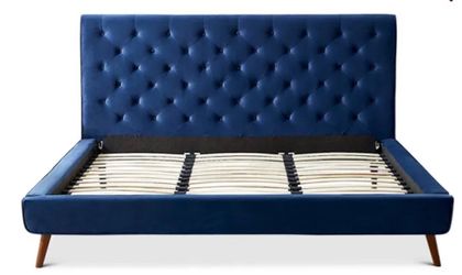 Luxury Cal King Royal Blue Velvet Low profile Platform Bed Frame & Headboard