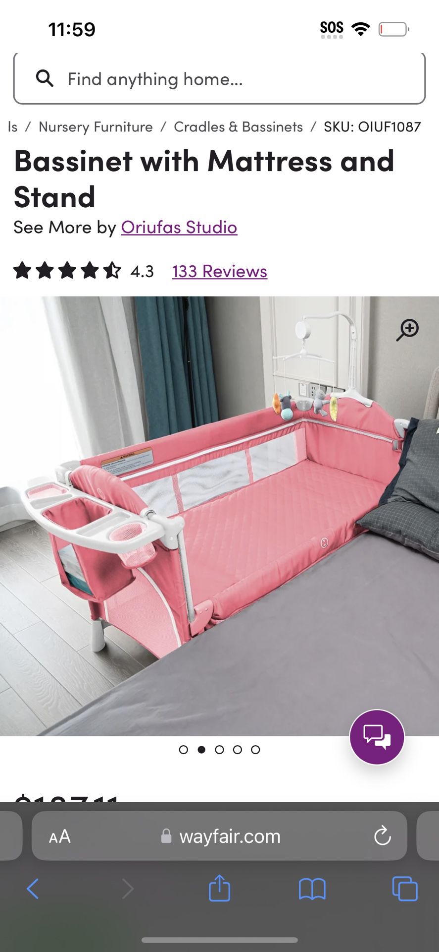 PINK AND WHITE BASSINET W/ MATTRESS AND STAND 