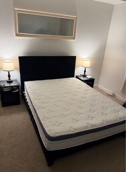 Queen Upholstered Platform Bed Frame, Mattress, and 2in Mattress Pad