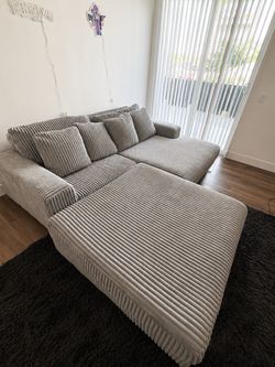 Grey Corduroy Sectional Sofa with Over Sized Ottoman