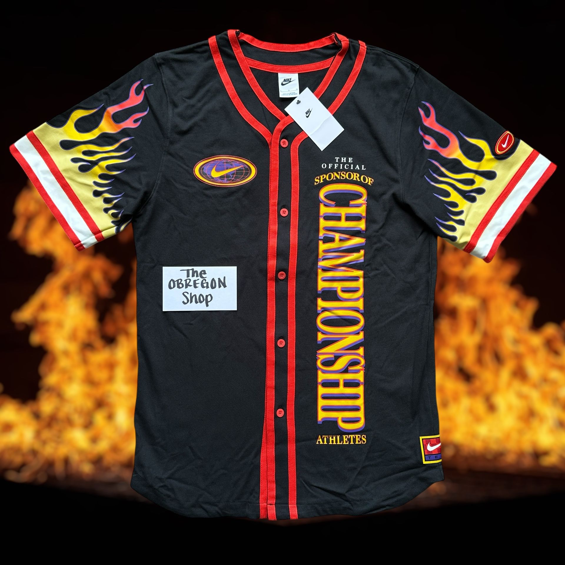 NIKE AMERICANA BUTTON UP SHIRT FLAMES CHAMPIONSHIP BASEBALL JERSEY MENS SIZE LARGE BLACK RED YELLOW NEW