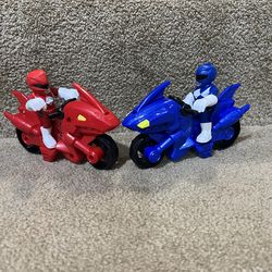 Hasbro - Power Rangers  Red & Blue Shark Cycle Motorcycle & Figure Lot