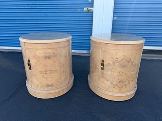 Drexel Heritage Corinthian Ash & Olive Burl Wood Side Table Cabinets