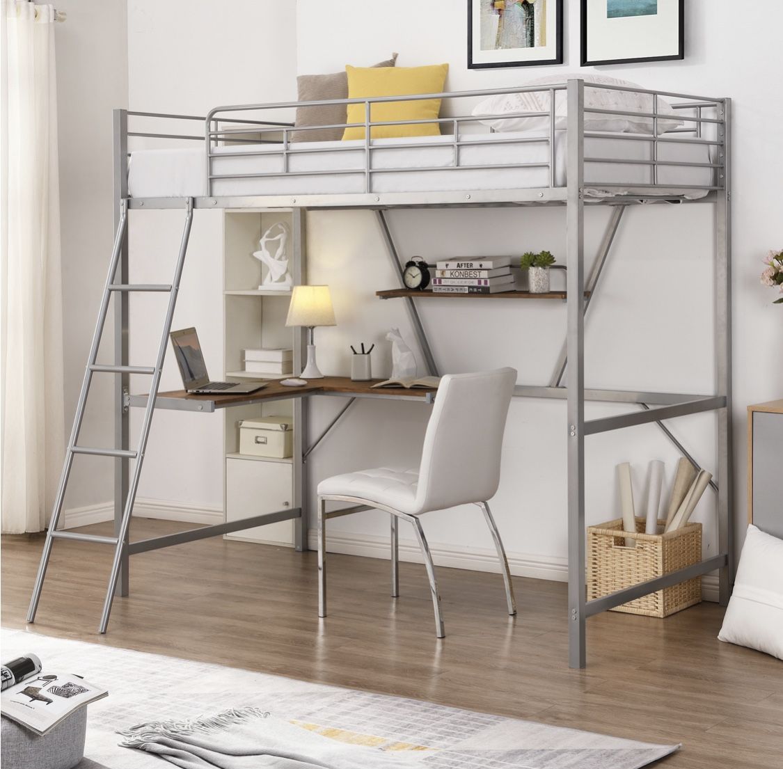 SILVER Metal Loft Bed w/ L-Shape MDF Desk - TWIN - *Fully K