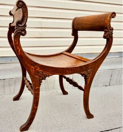 Antique 1800’s Early 1900’s Tiger Oak Saddle Seat Stool Curule Bench